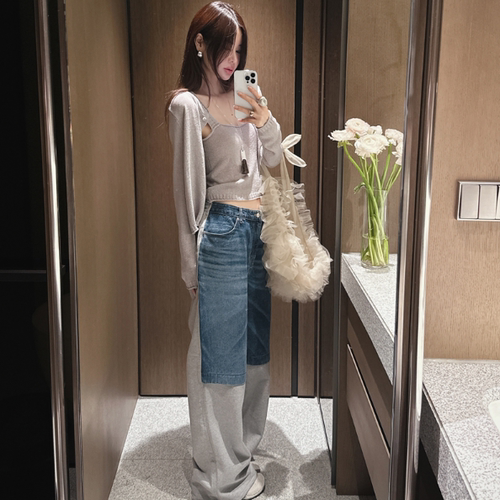 现货 Partysu正品 韩国代购 设计感慵懒风休闲拼接女长裤牛仔裤