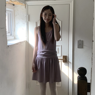 韩国正品代购夏季新款 清新减龄时尚侧边褶皱简约纯色吊带连衣裙