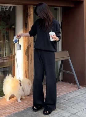 partysu韩国正品代购2025极简风黑色阔腿裤女宽松显瘦慵懒长裤