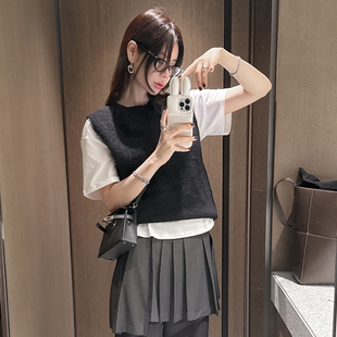 partysu韩国正品代购2025圆领无扣马甲女通勤叠穿背心极简风马夹