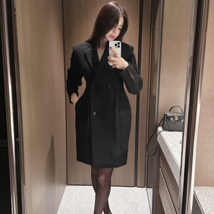 partysu韩国正品代购2025毛呢双排扣西装外套女中长款气质大衣