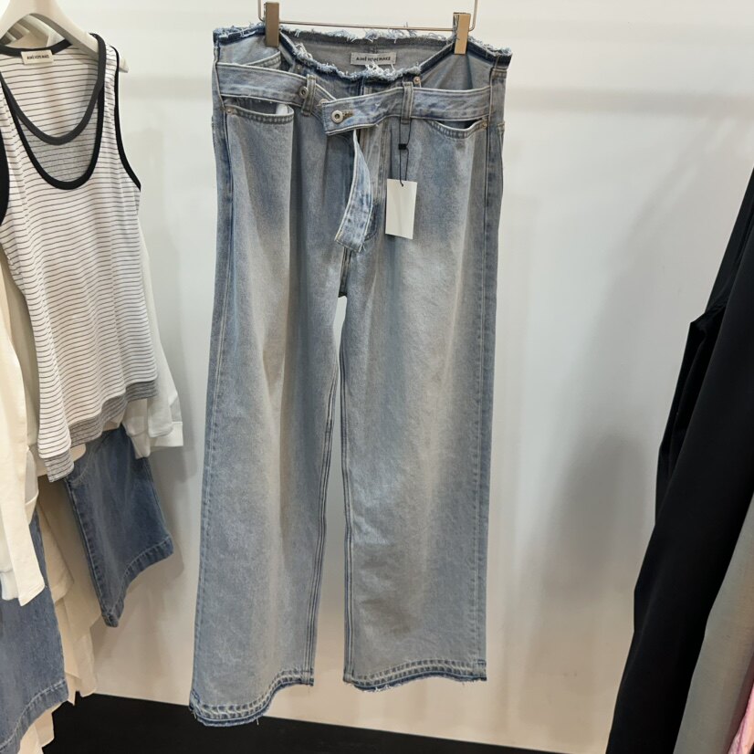 韩国正品代购春季新复古系带阔腿牛仔裤女宽松直筒长裤休闲牛仔裤