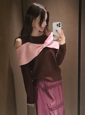 partysu韩国正品代购2025设计感露肩蝴蝶结针织衫女精致上衣