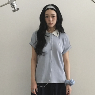韩国正品代购 BY CHAPTER春季新款爱心刺绣Polo领宽松休闲减龄T恤