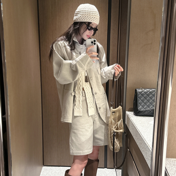 partysu韩国正品代购春季新工装风翻领短外套女宽松显瘦夹克上衣