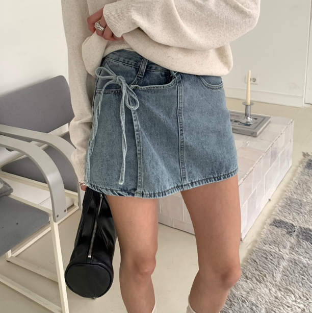 韩国正品代购 MUSE-P春季新款百搭休闲显瘦系带个性时尚牛仔短裤