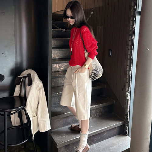 Partysu正品 韩国代购春 高腰显瘦阔腿五分裤女百搭宽松休闲短裤
