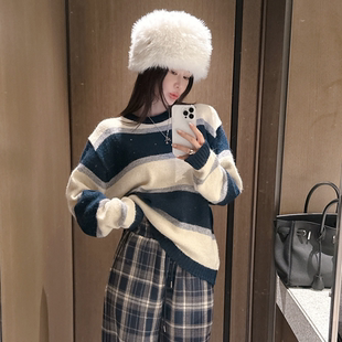 partysu韩国正品代购 慵懒复古宽松吸睛圆领休闲风条纹保暖毛衣