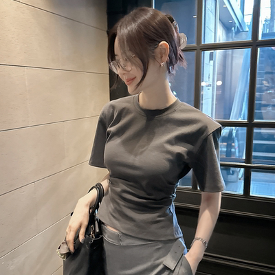 Partysu 韩国代购 优雅英伦风短袖后开叉设计收腰短款T恤