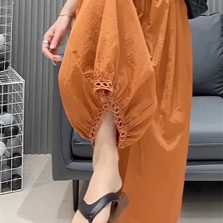 欧货2025夏季新款显瘦百搭九分裤女松紧腰休闲薄款宽松花边灯笼裤