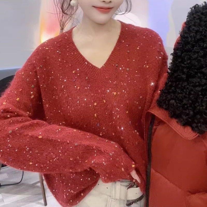 软糯V领糖果球亮片针织衫女2025冬季新款百搭显瘦慵懒风气质毛衣