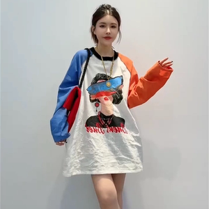 欧货时尚撞色插肩袖卡通印花长袖防晒服女中长款宽松百搭减龄上衣