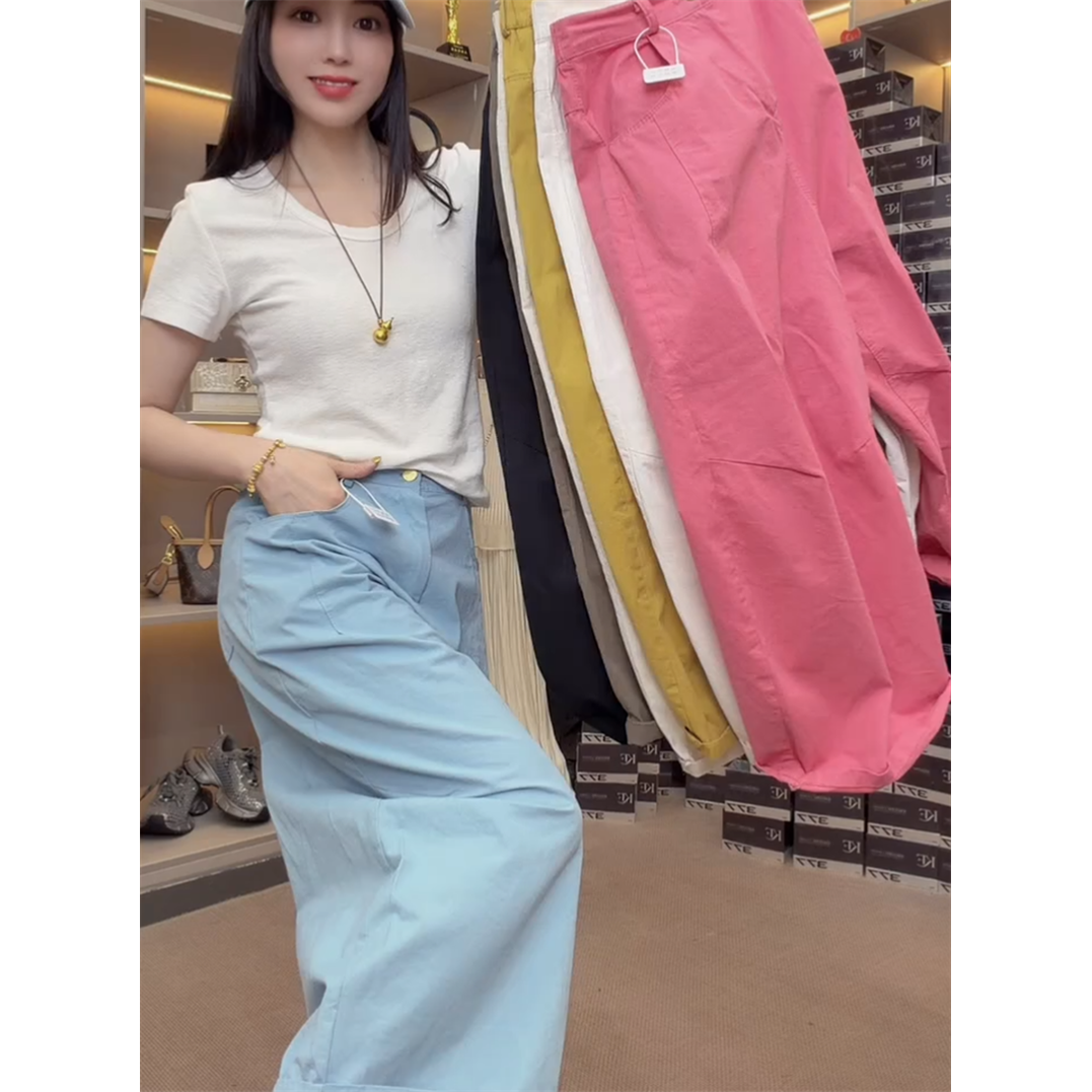 糖果色高腰阔腿九分裤女夏季新款宽松显瘦时尚百搭抽绳两穿休闲裤