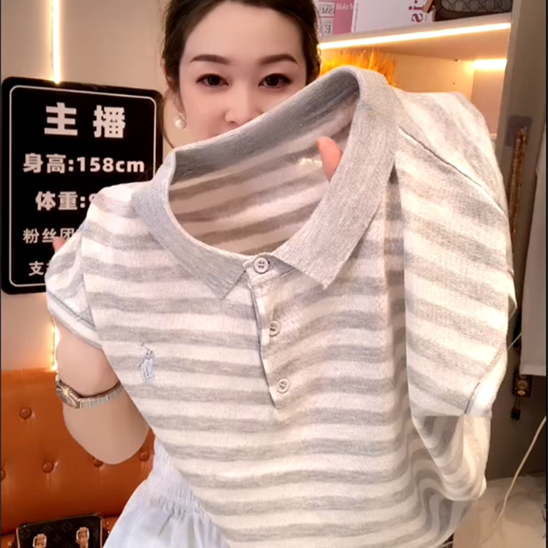 欧货POLO衫夏季新款时尚翻领条纹冰丝针织衫女宽松显瘦薄款上衣潮