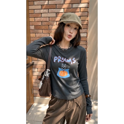 韩系字母猫咪长袖T恤女灰显瘦