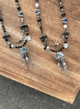 枪灰色机械齿轮水母串珠项链一条 深色系海洋生物长度50加5厘米