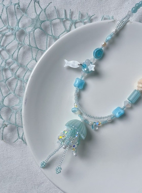 蓝色系水母串珠项链一条 清新海洋小众文艺设计长度43加5厘米左右