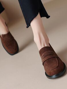 大码 豆豆鞋 中跟粗跟单鞋 女软皮磨砂皮2025年新款 K法式 复古乐福鞋