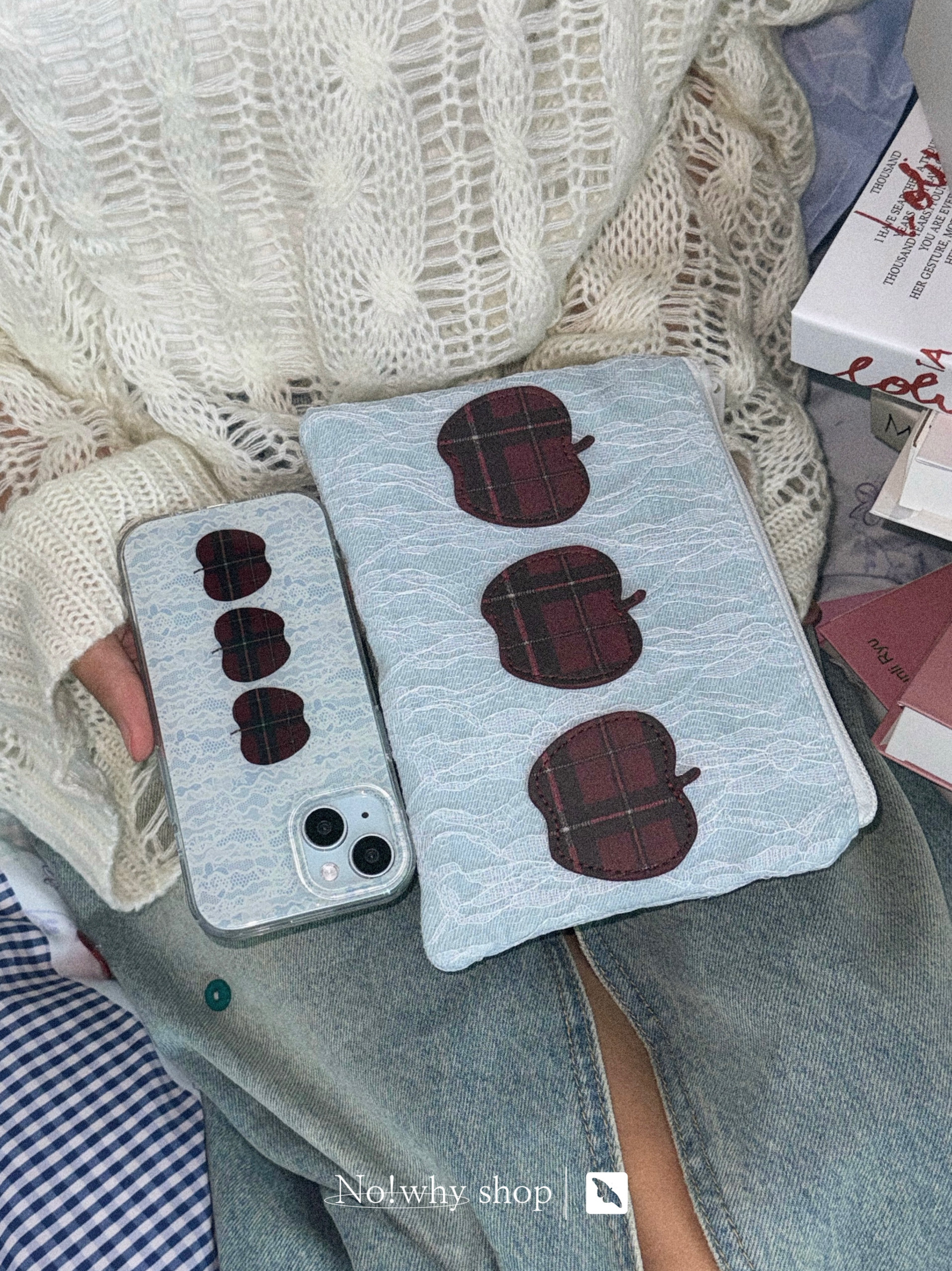 [清仓特价] No!why shop&middot;歪店&ldquo;蕾丝苹果&rdquo;牛仔收纳包化妆包卡包