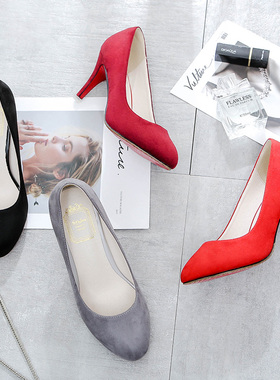 绒面圆头高跟鞋女2023新款韩版百搭红色小码31女鞋32中跟33