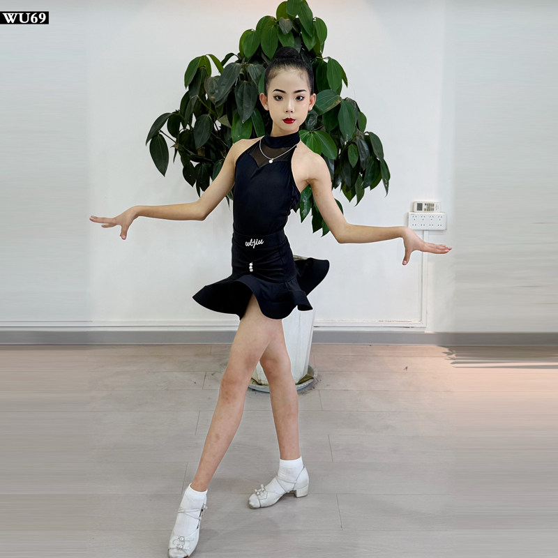 新款黑色拉丁舞练功服女童挂脖舞蹈服装儿童演出服高级拉丁舞服夏