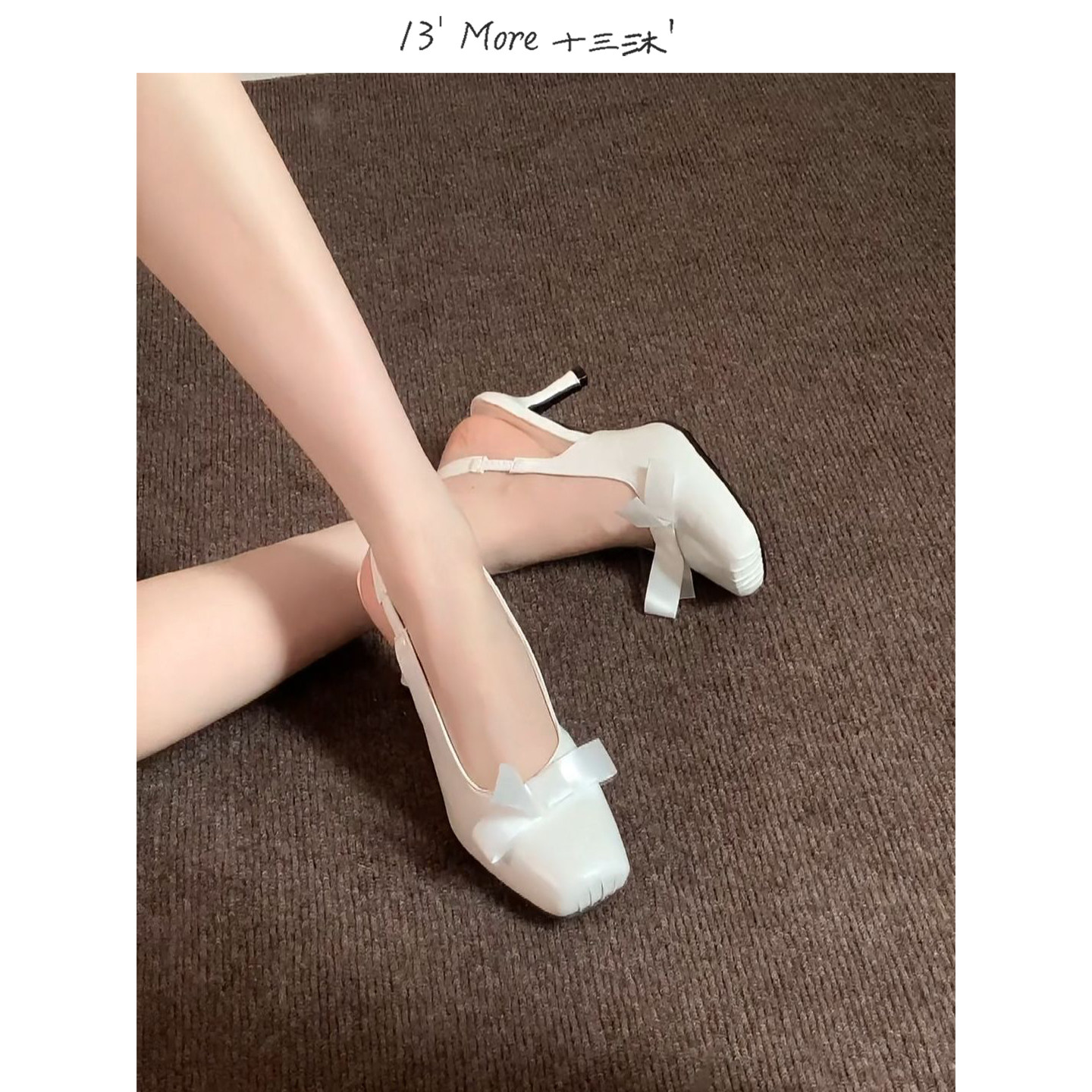 法式蝴蝶结方头包头高跟凉鞋女