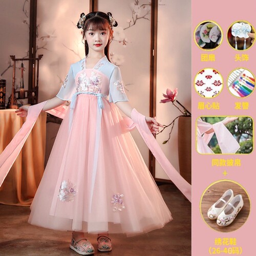 夏季女童汉服超仙网纱刺绣连衣裙