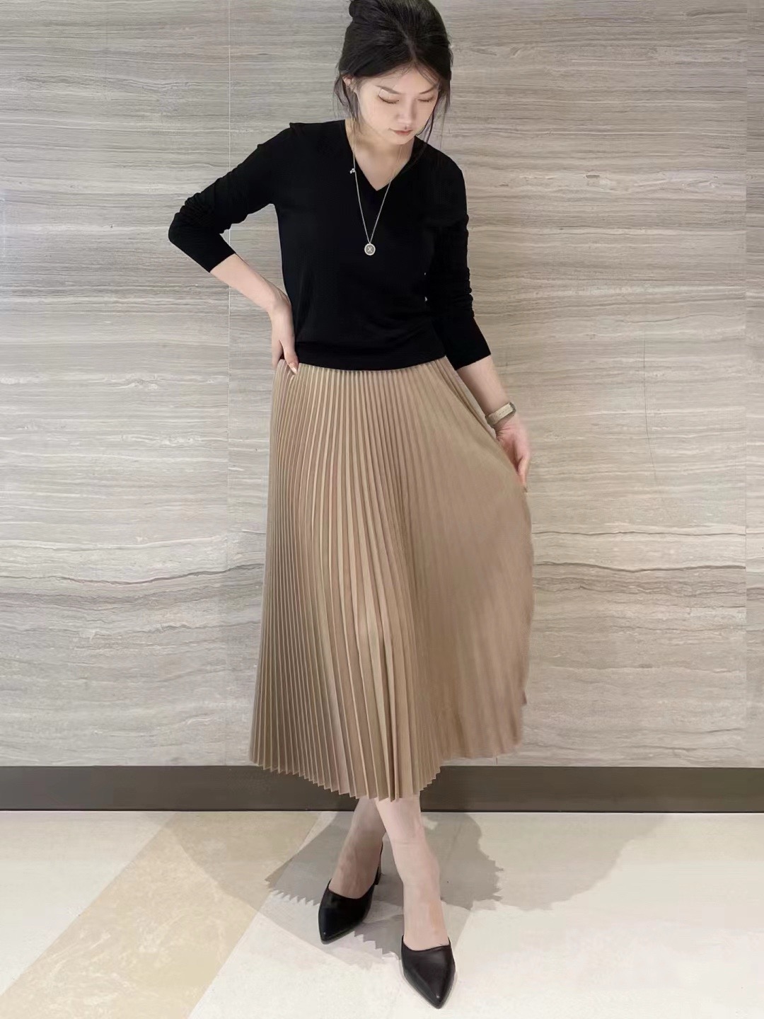 TH秋冬新款简约百搭法兰绒羊毛混纺高腰重工压折半身裙百褶裙女