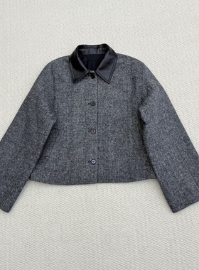 早春新品女装 羊毛混纺真皮翻领箱型夹克外套P1101102 宽松短款