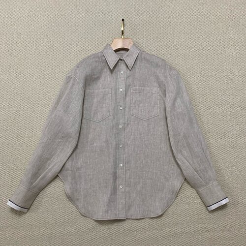 Bc同款新品女装翻领长袖亚麻男友风衬衫简约百搭通勤宽松休闲上衣