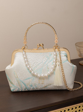 新中式国风素雅竹叶旗袍包包搭配马面裙气质汉服包斜挎手提口金包