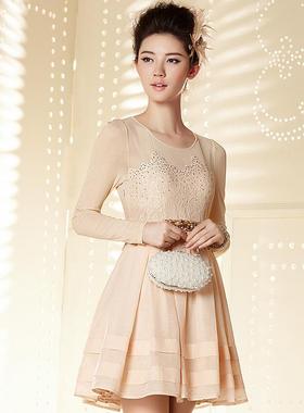 Nemow拿美秋装新款女装绣花拼接长袖连衣裙A3K269  无腰带