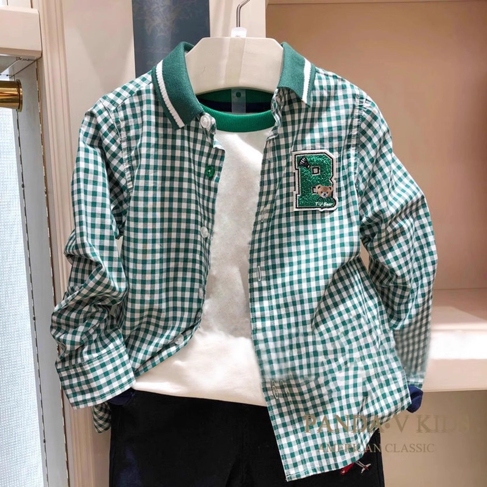2025秋季新款男童小熊休闲绿色格子衬衫儿童时尚百搭翻领衬衣