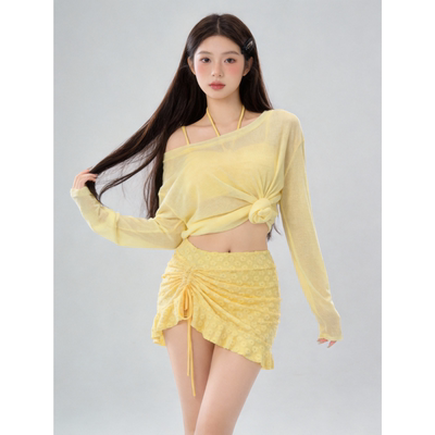 微胖女孩黄色比基尼分体泳衣防晒