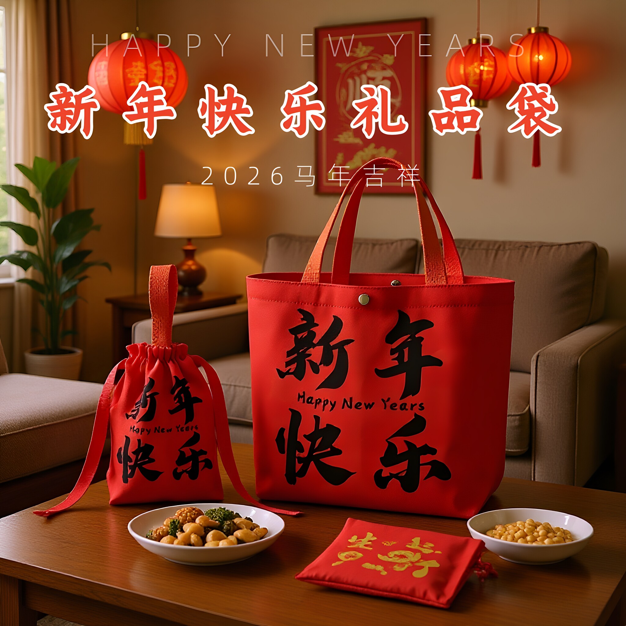新年红色帆布束口手提礼品袋福袋公司年会礼品包装客户伴手礼袋子