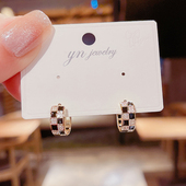 日韩气质黑色棋盘格耳扣时尚 简约设计感耳环轻奢百搭圈圈耳饰品