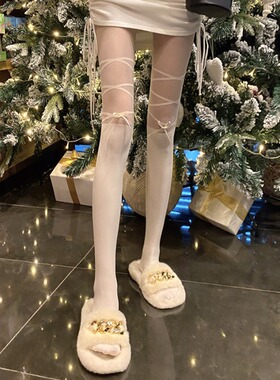 性感薄款白色蕾丝丝袜女春秋网红爆款长筒美腿袜蝴蝶结绑带小腿袜