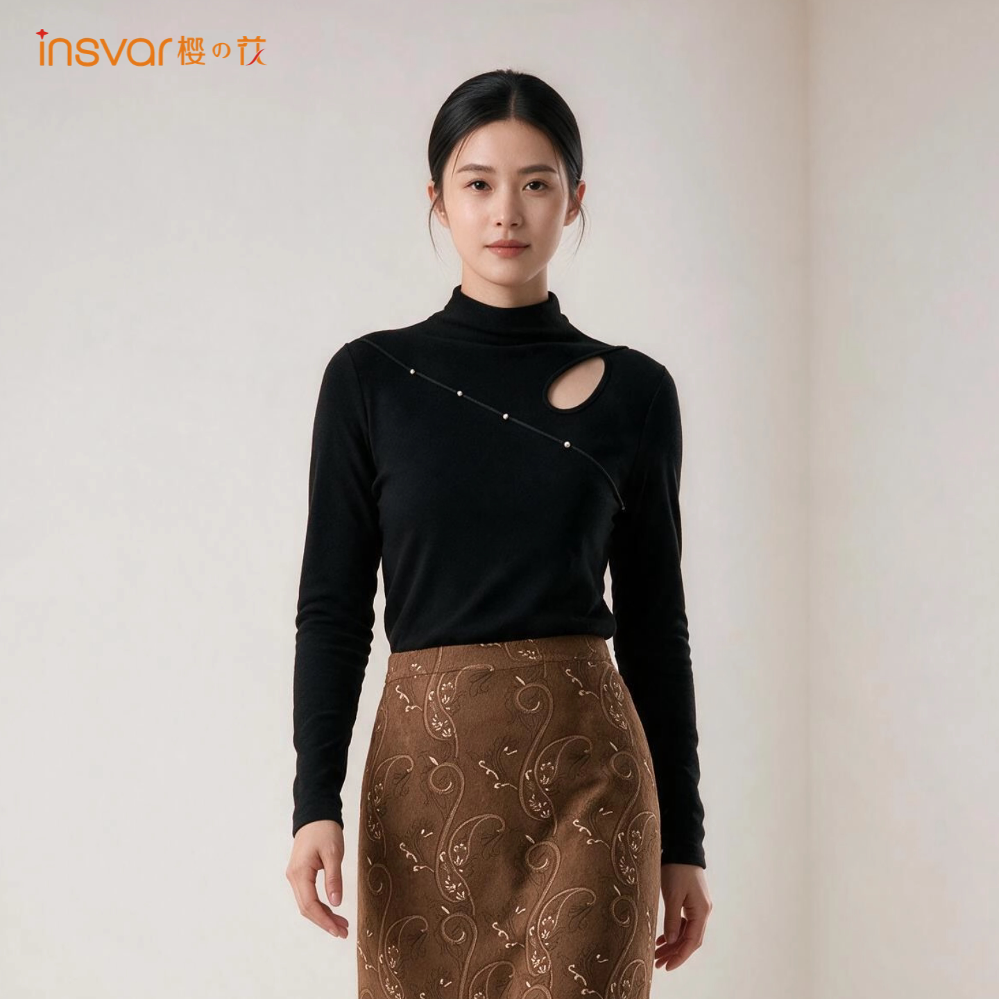 INSVAR半高领镂空长袖T恤女