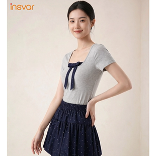 INSVAR甜美少女风撞色波点绑带短袖T恤女夏修身显瘦学院风套装