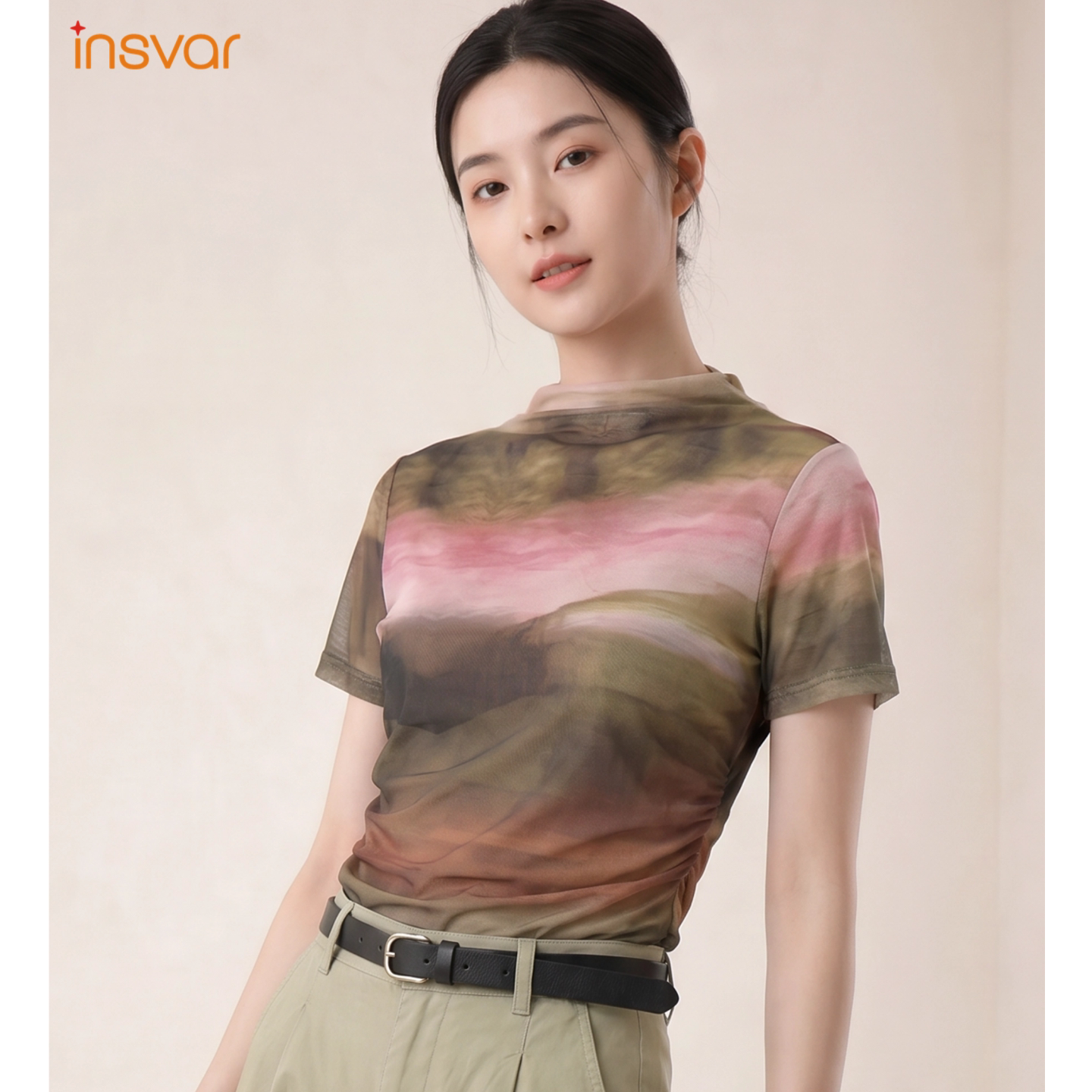 INSVAR复古晕染印花早秋短袖女网纱洋气显瘦打底衫小个子梨形身材