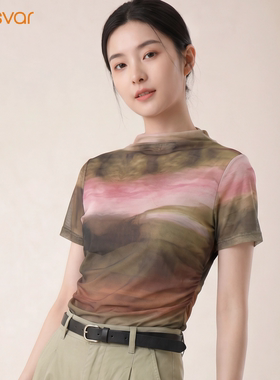 INSVAR复古晕染网纱短袖T恤女