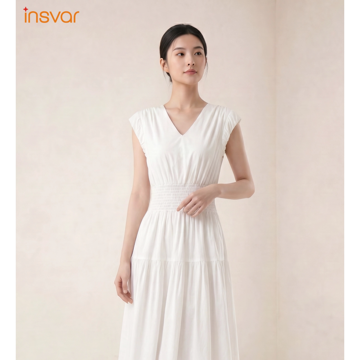 INSVAR极简V领收腰显瘦连衣裙