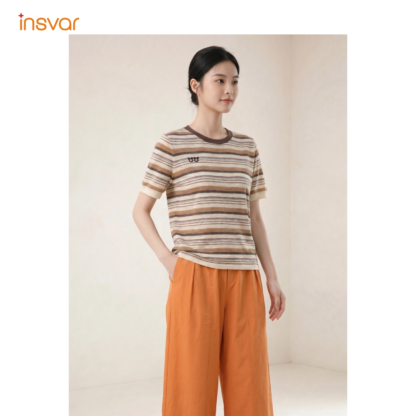 INSVAR撞色条纹短袖显瘦针织衫