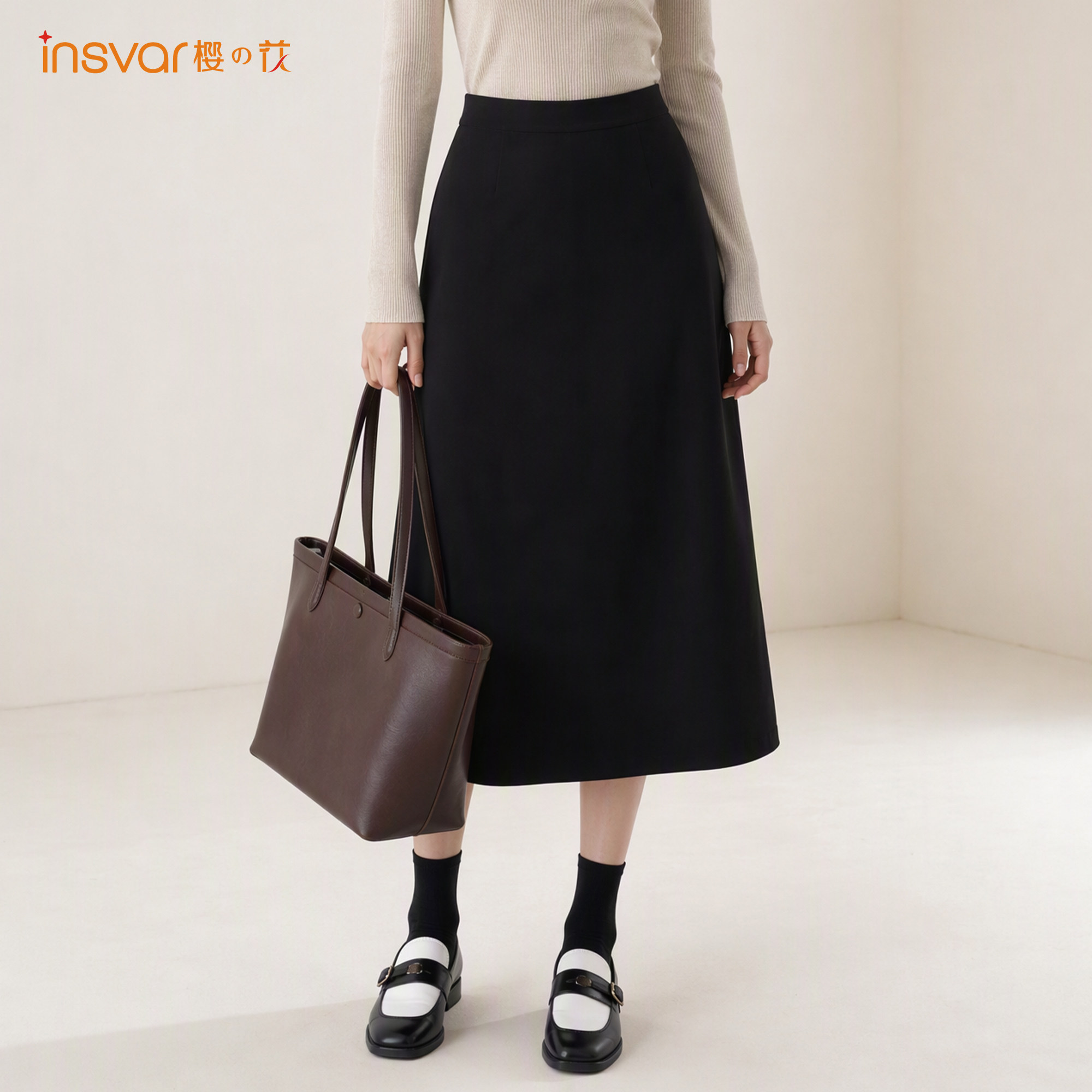 INSVAR黑色高腰显瘦A字半身裙