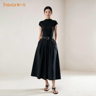 INSVAR法式黑色连衣裙女收腰显瘦A字长裙腰带百搭气质裙