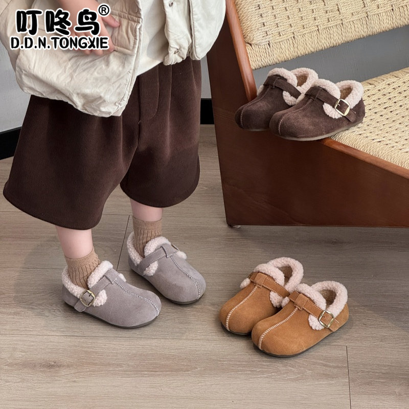 叮咚鸟女童冬季加绒真皮勃肯鞋