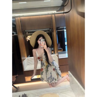 纯棉吊带裙 定制亚麻 春夏清新少女感度假感连衣裙 繁花似梦