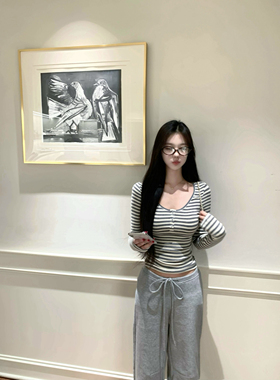 POET WONG【轻氧日常】百搭定制条纹韩女休闲百搭长袖显瘦松弛T恤