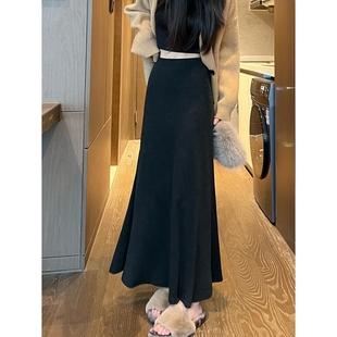 黑色鱼尾裙女秋冬季 裙 加绒长裙百搭气质a字包臀显瘦半身裙中长款