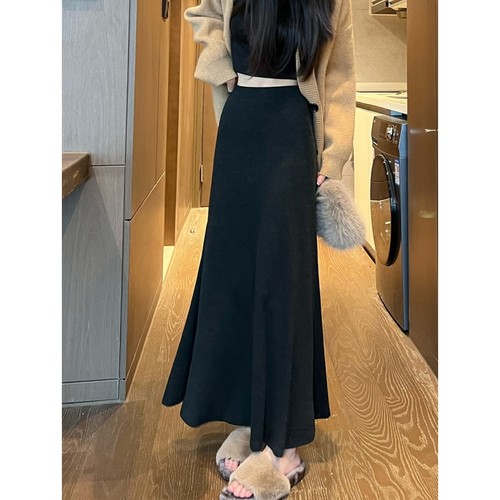 黑色鱼尾裙女秋冬季加绒长裙百搭